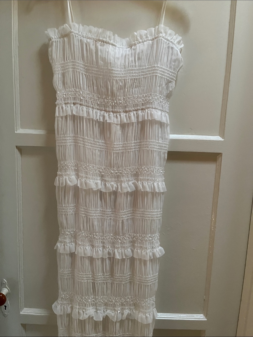 White Ruffled Smocked Spaghetti-Strap Maxi Dress Size L